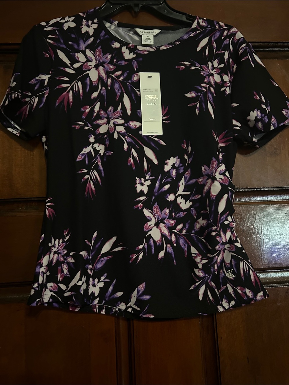 Calvin Klein Black Floral Short-Sleeve Tee with Purple Accents